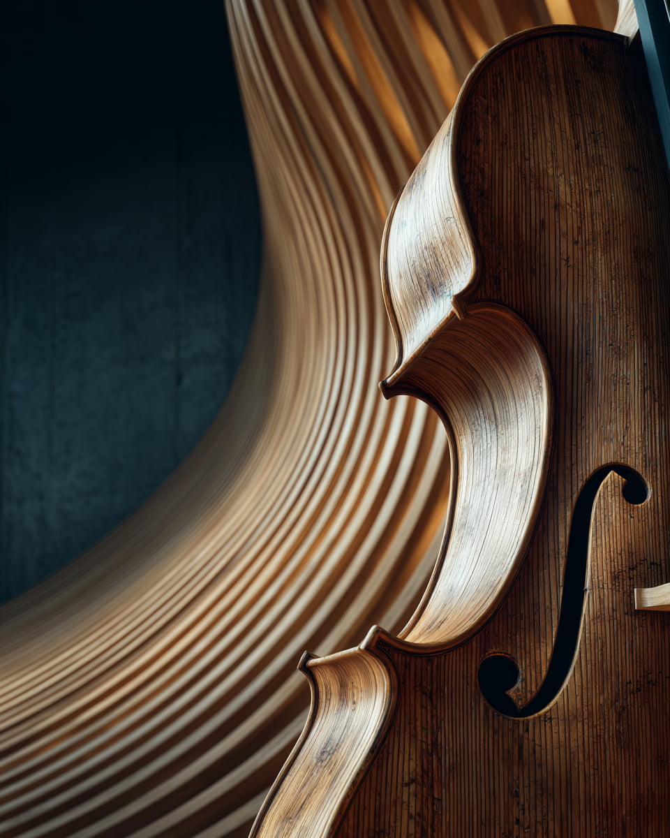 Elegant cello resting against curved wooden acoustic panels